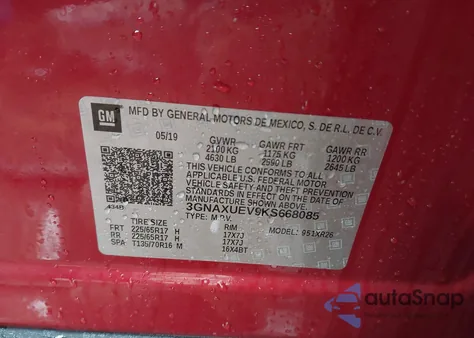 2019 Chevrolet Equinox Lt из США, поврежденный, VIN 3GNAXUEV9KS668085